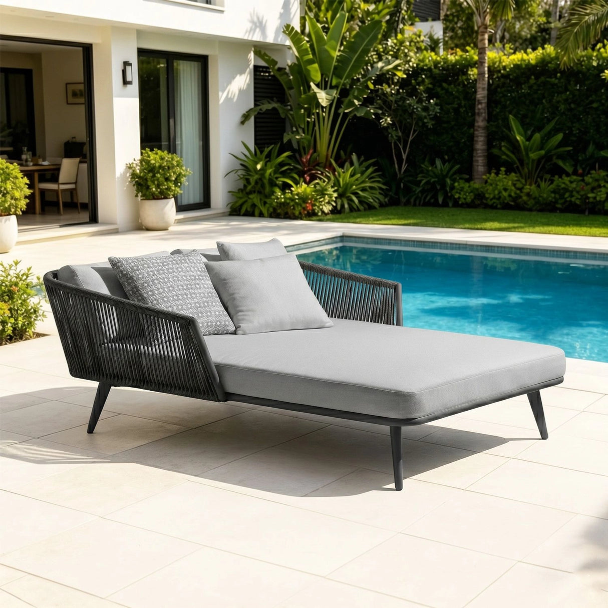 Outdoor Black Rope Patio Daybed with Comfortable Grey Cushion