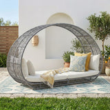 Outdoor Rattan Wicker Daybed with Oval-Shaped Canopy Frame (Silver Grey & Off-White)