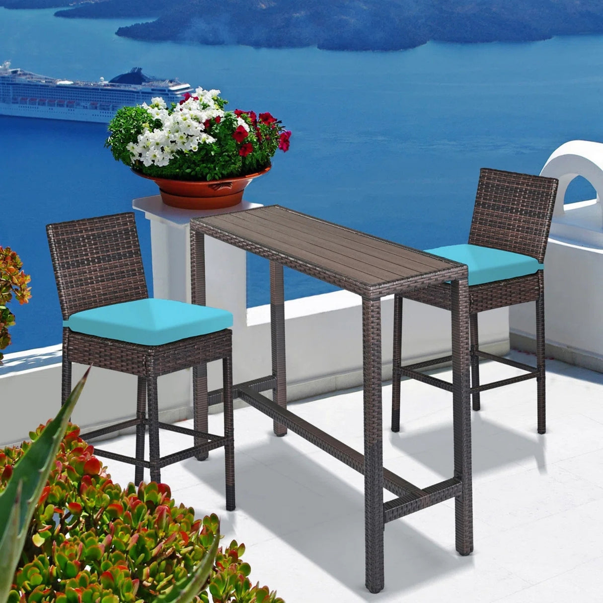 All-Weather Rattan Wicker Bar Set with High-Top Outdoor Table & Chairs