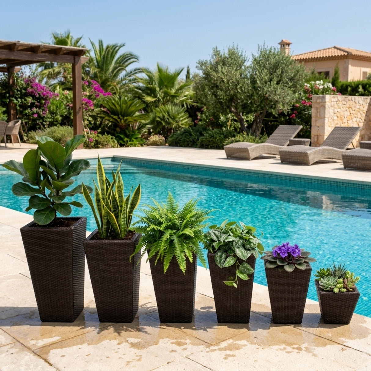 Tall Tapered Set of 6  Outdoor Wicker Planter (Dark Brown)