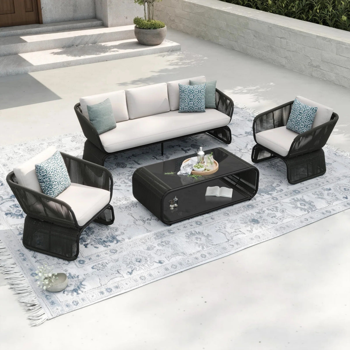 Outdoor Braided Rope Sofa Set With 2-Tier Glass Top Table