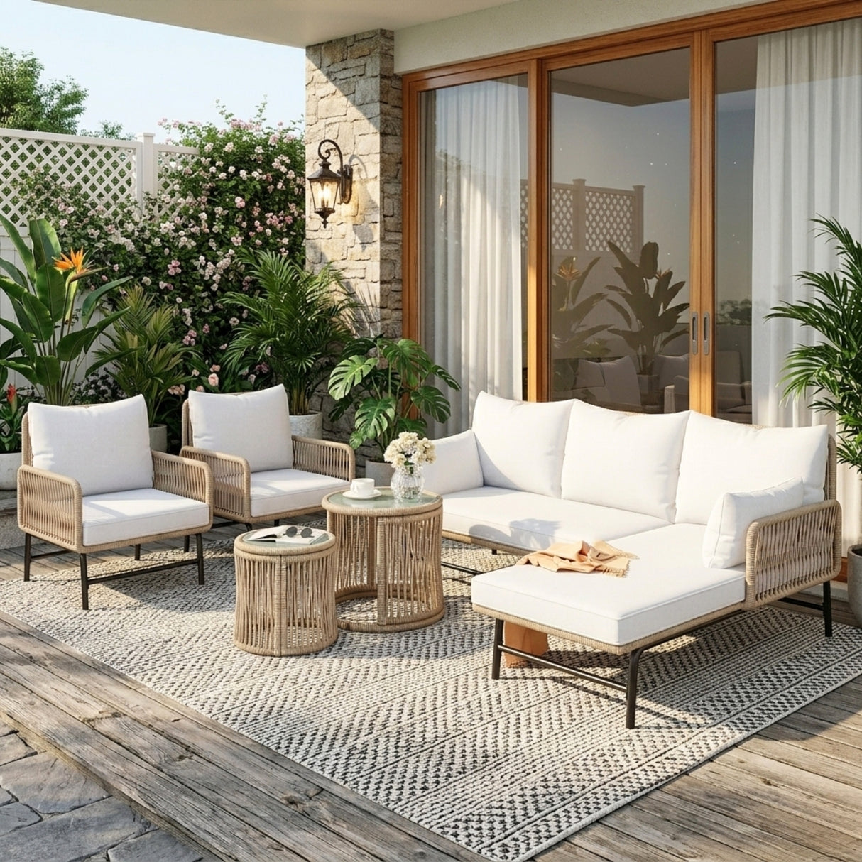 Outdoor L-Shape Rope Sofa Set (Beige & White)