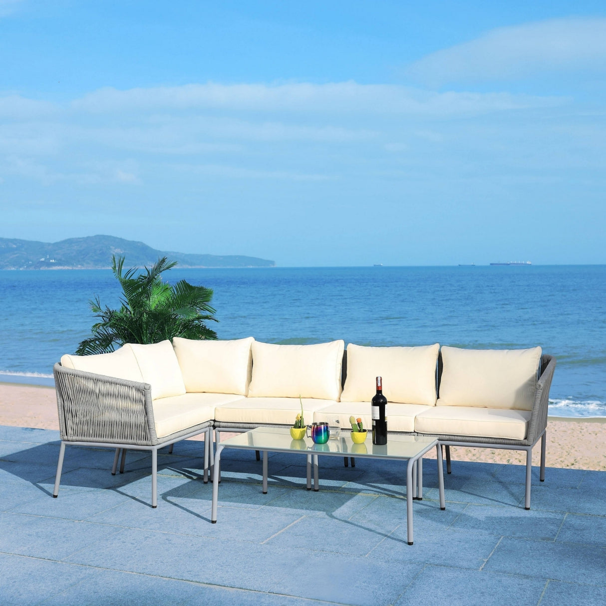 Outdoor Grey Rope L-Shape All Weather Sectional Sofa Set