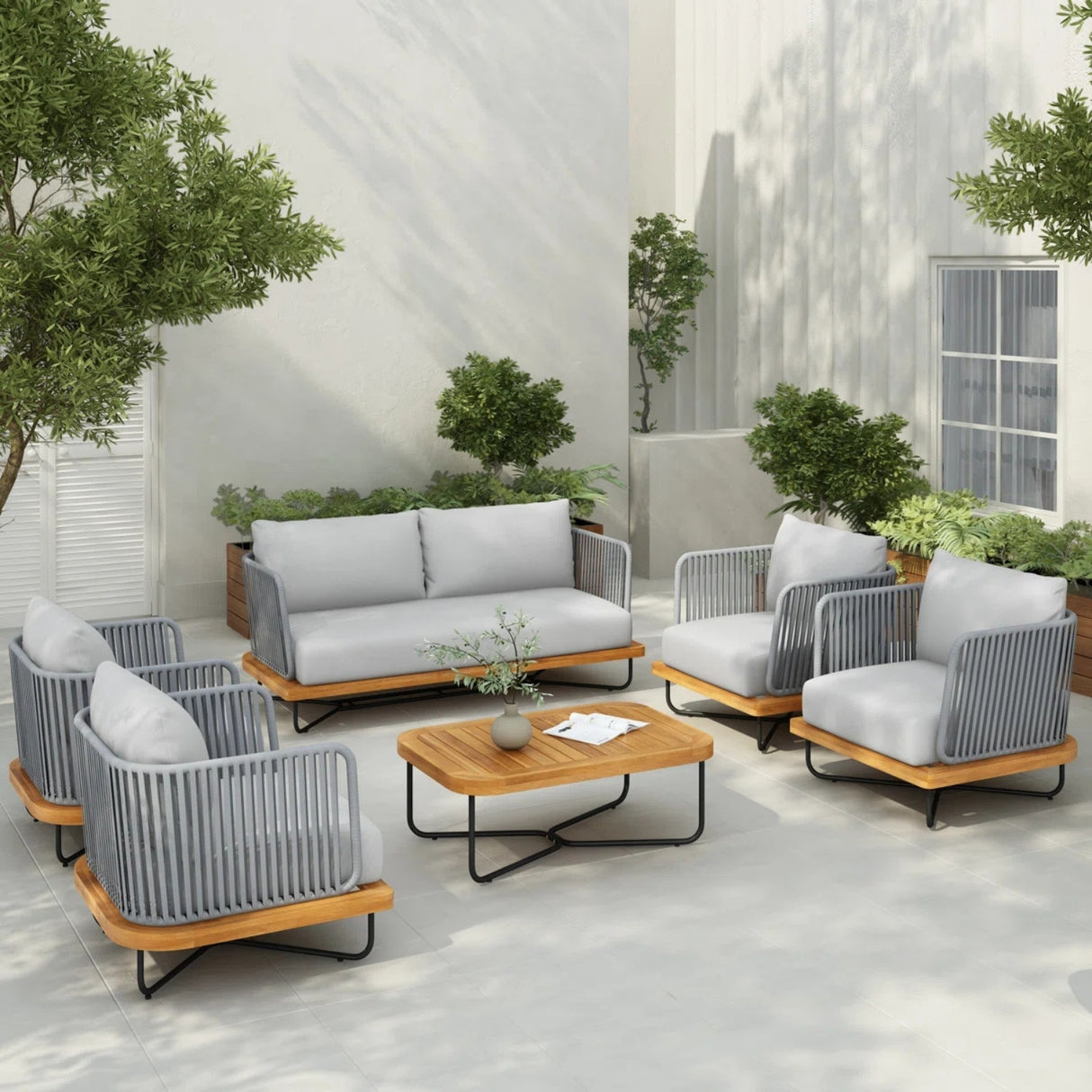 Outdoor 6-Piece Rope Woven Conversation Sofa Set with Wooden Top Table