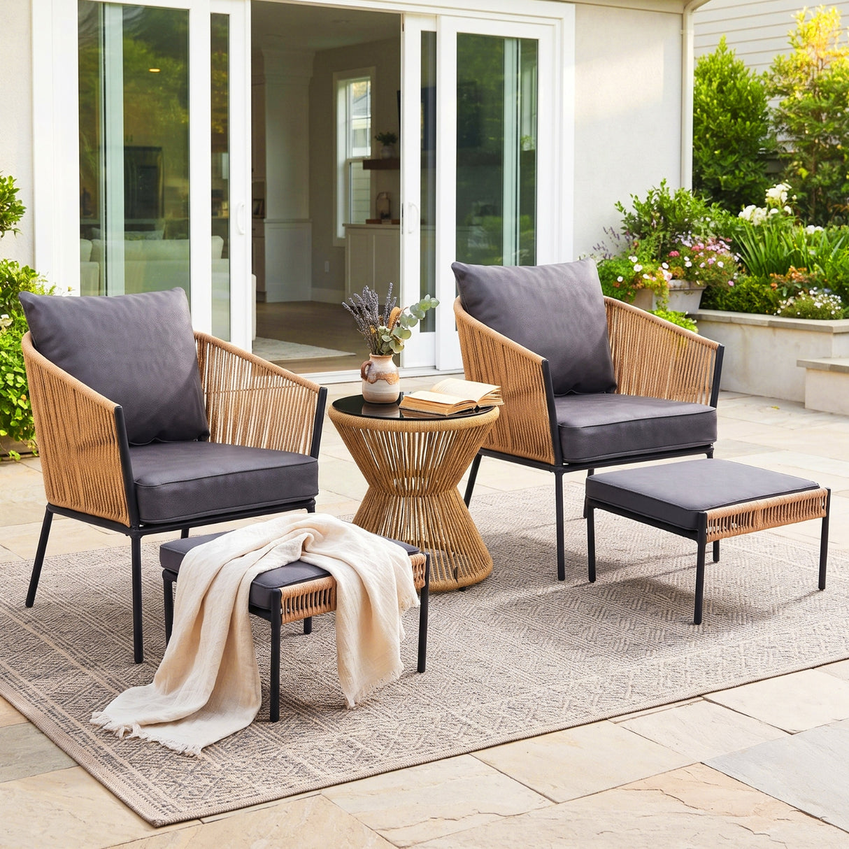 Outdoor 5 Piece Rope Patio Sofa Set (Beige & Dark Grey)