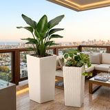 2-Piece Outdoor Rattan Wicker Tall Square Planters (White)