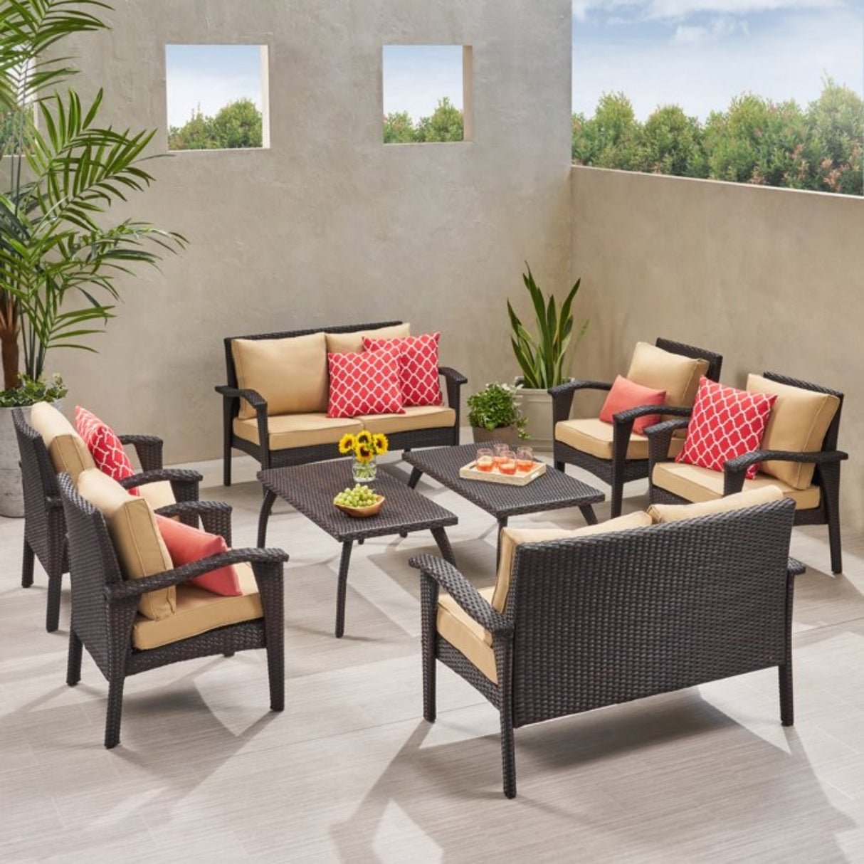 Dark Brown 8 Seater Outdoor Wicker Conversation Set