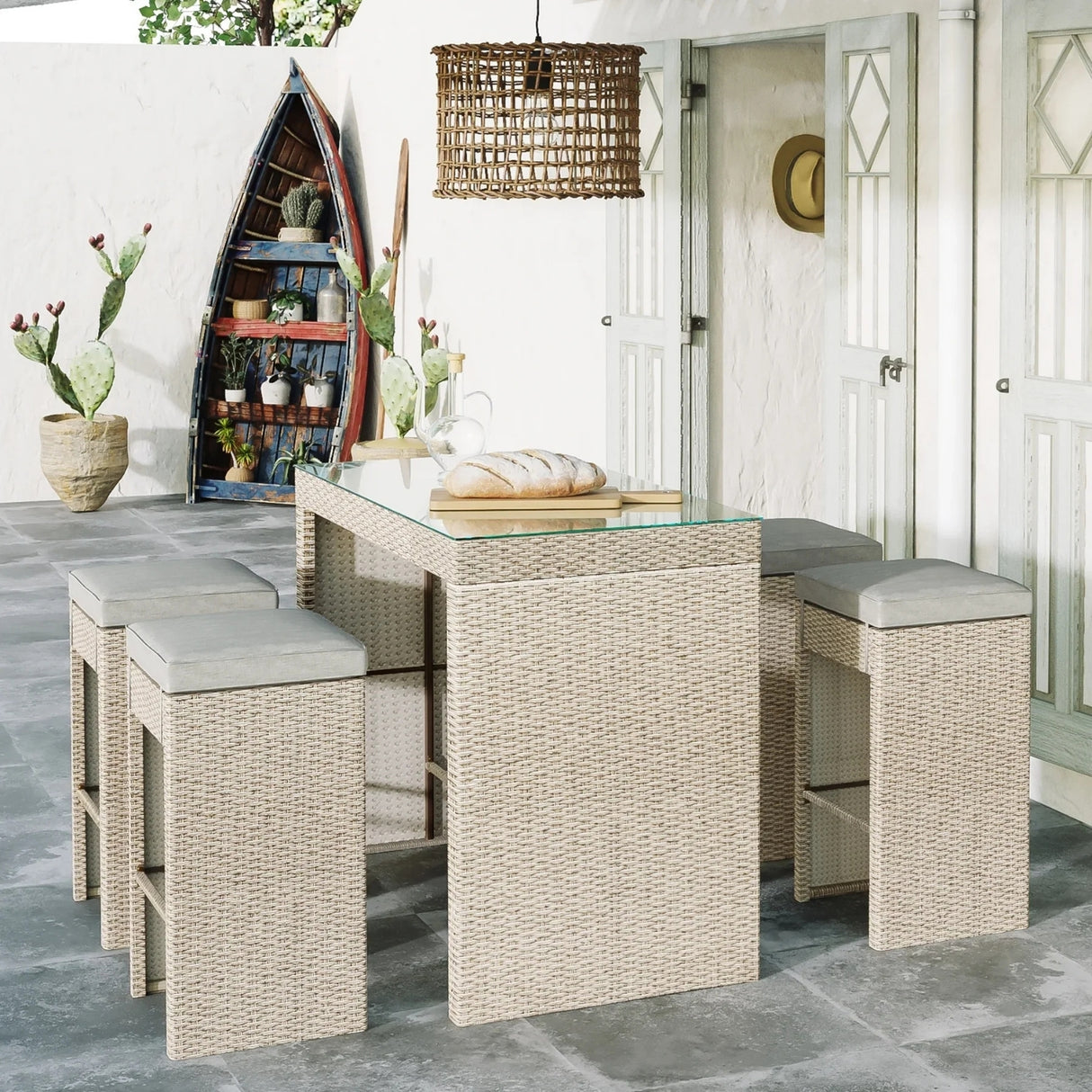 5-Piece Outdoor Rattan Wicker Bar Set with Glass Top Table