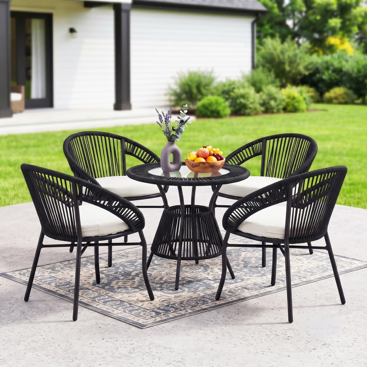 Outdoor 4-Seater Patio Rope Conversation Set (Black & Off-White)