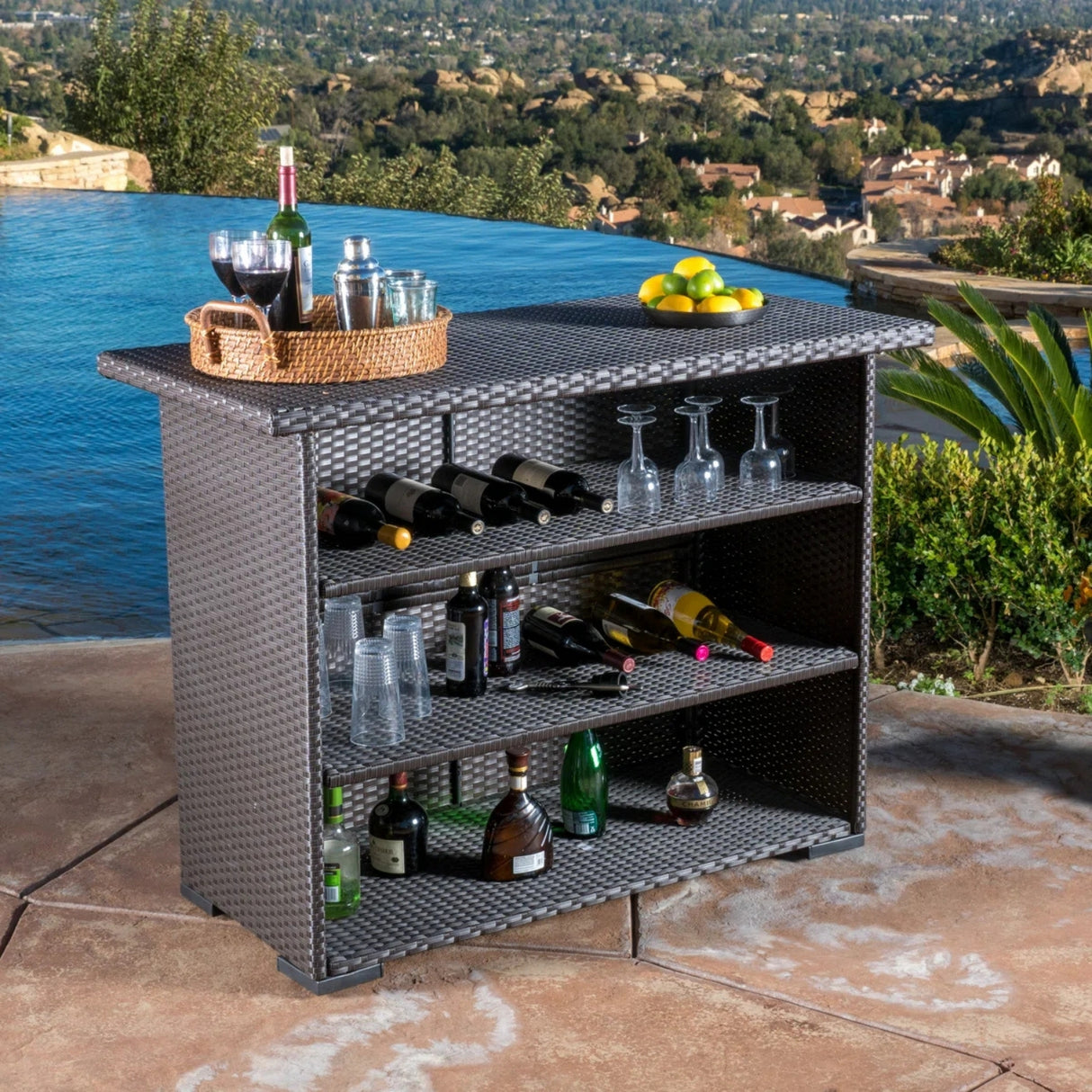 Outdoor Rattan Wicker Bar Table With Storage Selves