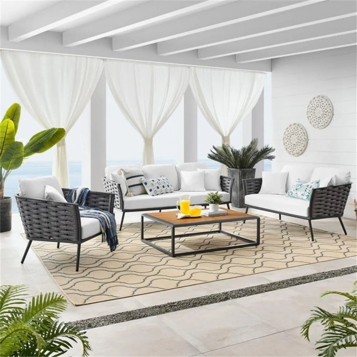 4 Piece Outdoor Rope Sofa Set with Wooden Top Table