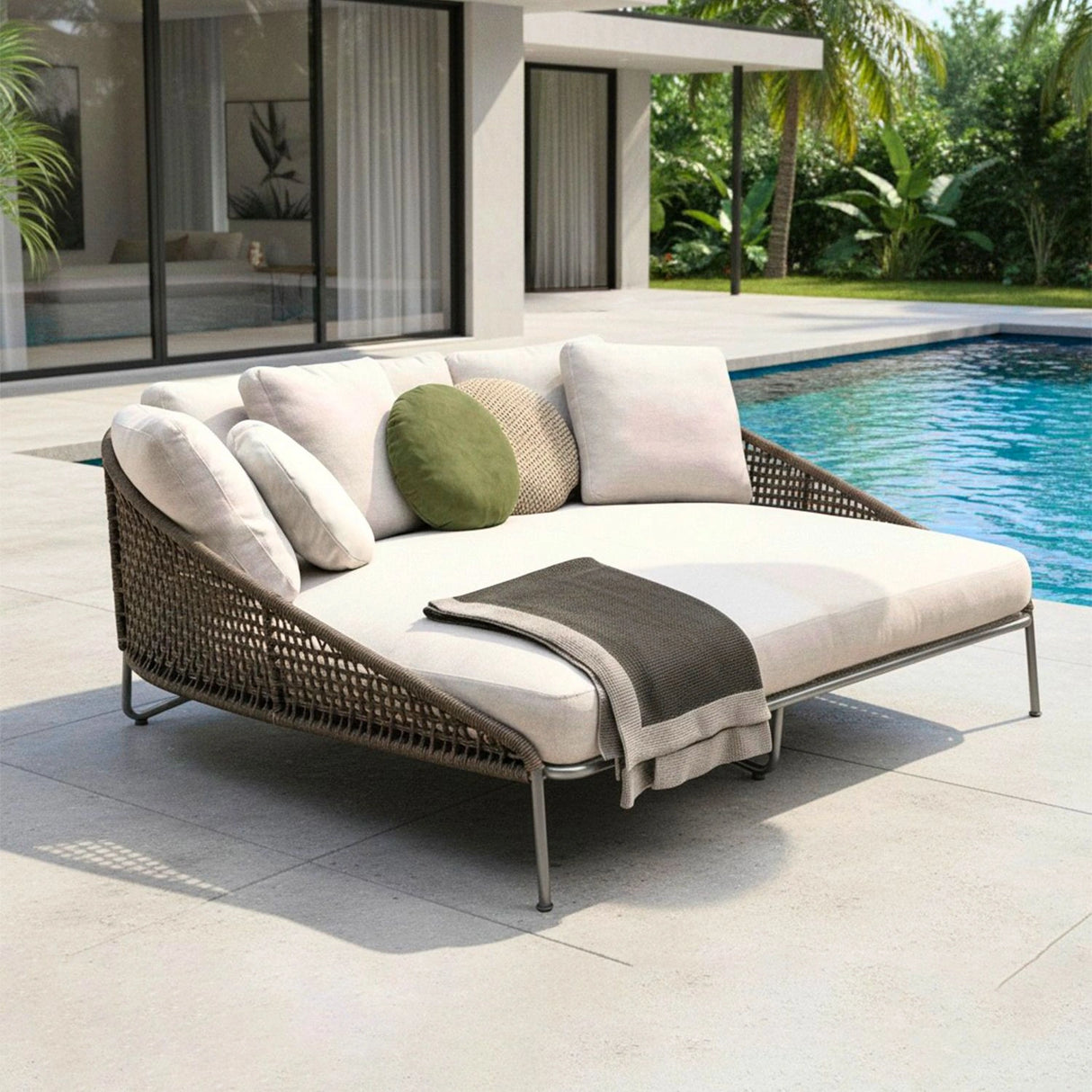 Outdoor Rope Patio Furniture Daybed (Brown and Cream)