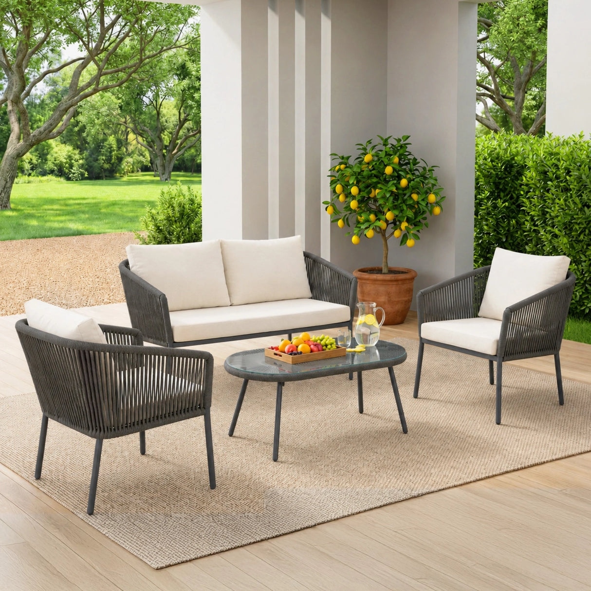 Outdoor 4 Seater Rope Conversation Sofa Set (Grey & Off-White)