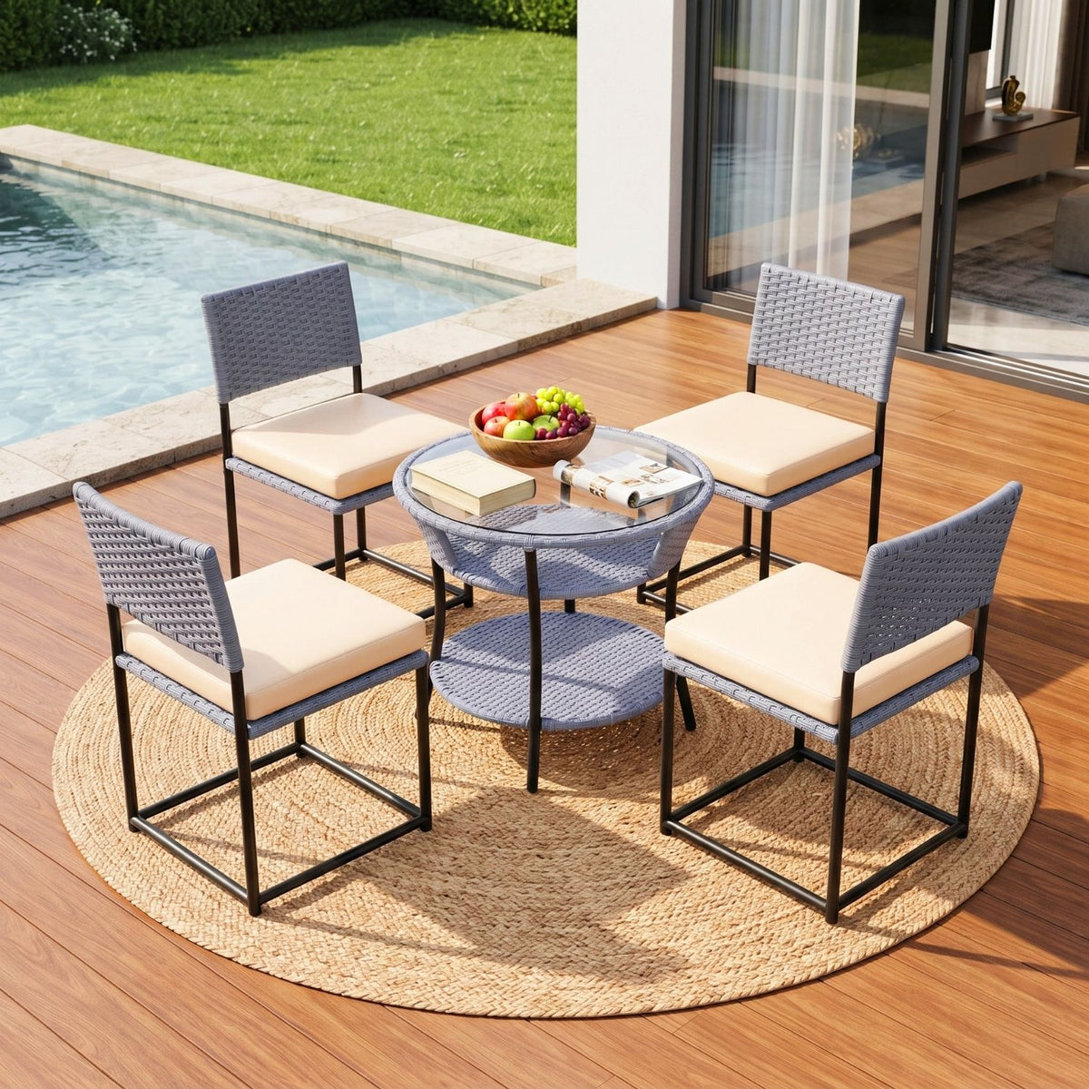 5-Piece Outdoor Wicker Patio Furniture Set (Silver Grey & Cream)