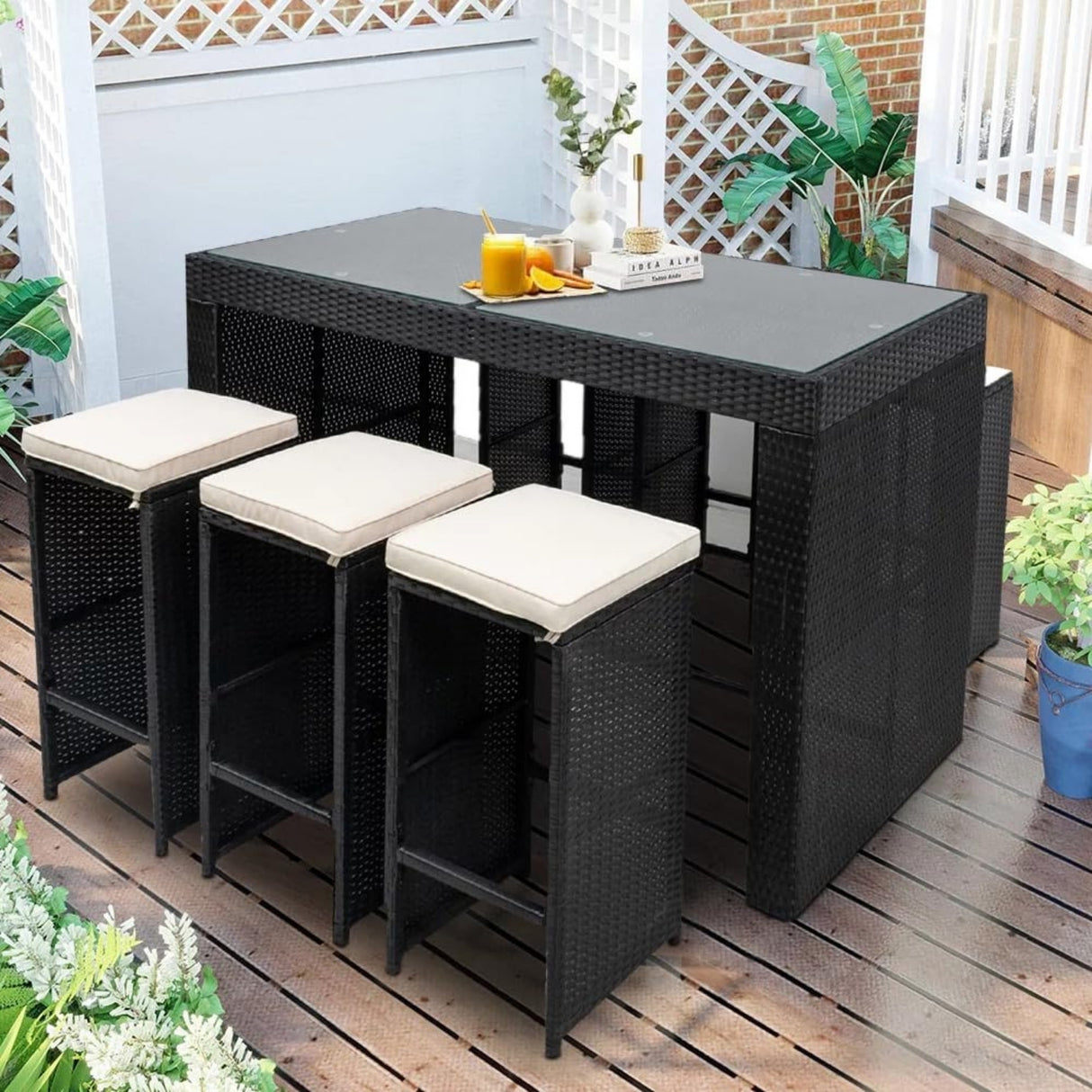 7-Piece Outdoor Rattan Wicker Bar Set with Glass Top Table