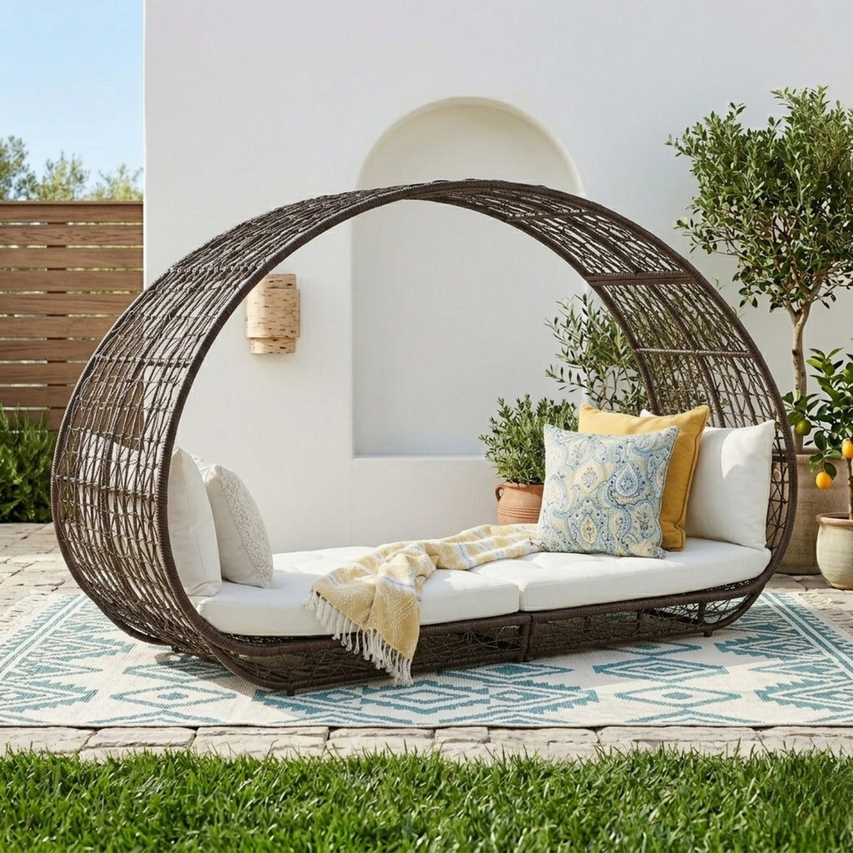 Outdoor Rattan Wicker Daybed with Oval-Shaped Canopy Frame (Dark Brown & Off-White)
