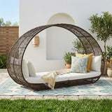 Outdoor Rattan Wicker Daybed with Oval-Shaped Canopy Frame (Dark Brown & Off-White)