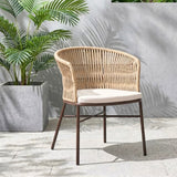 Outdoor Rope Dining Chair with Cushion (Beige & White)