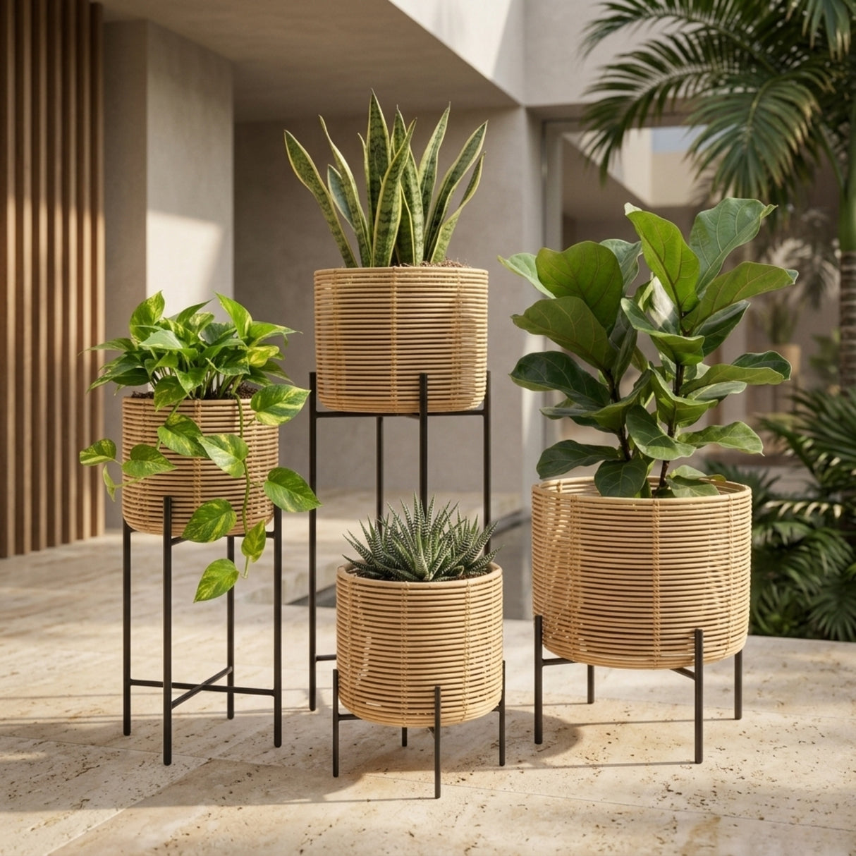 Outdoor Wicker Set of 4 Planters with Metal Stands