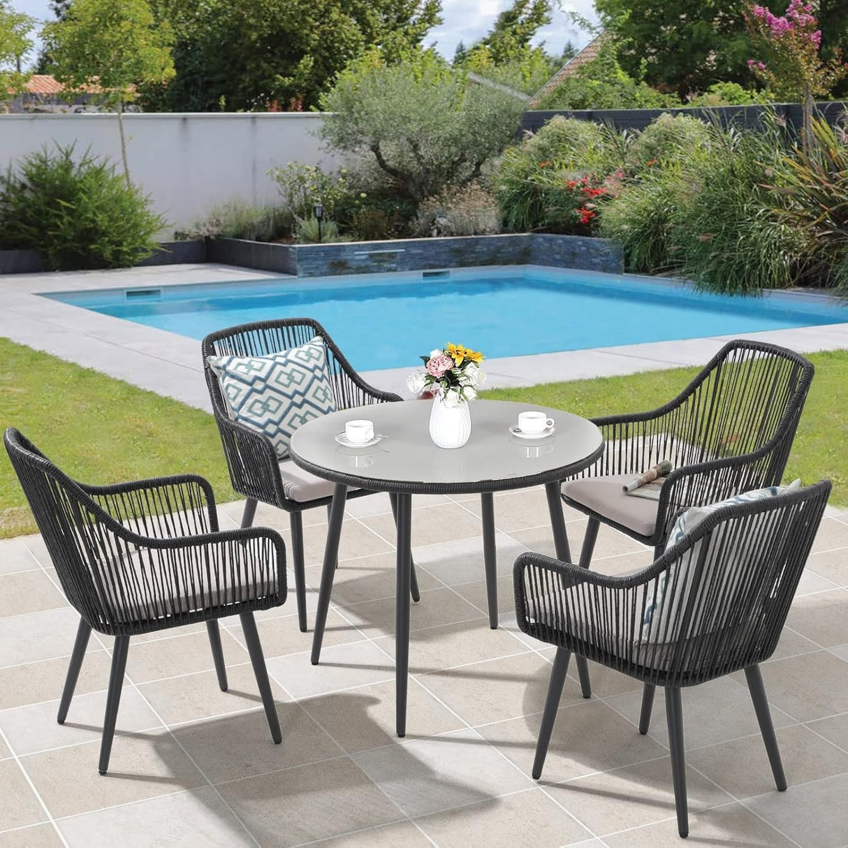 5-Piece Outdoor Rope Patio Dining Set With Glass Top Table