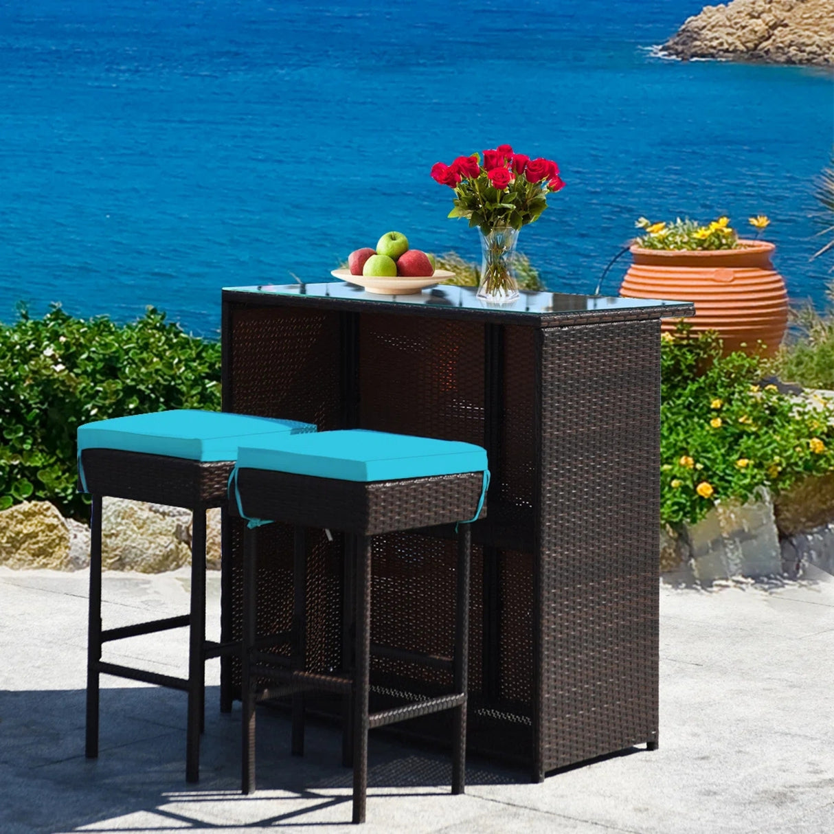 Outdoor Wicker Bar Set with Glass Top, 2 Cushioned Stools