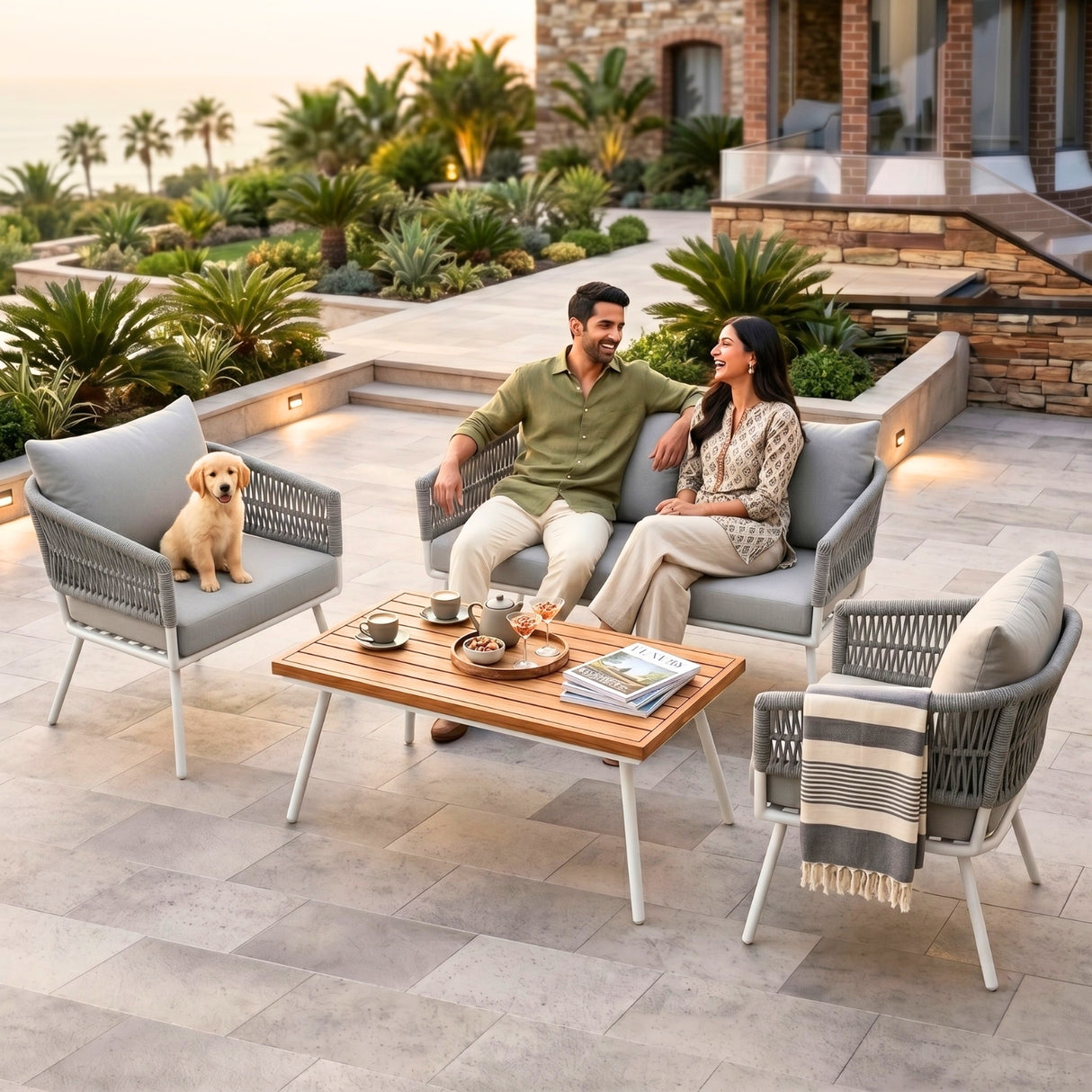 Outdoor Rope Sofa Set with Wooden Top Center Table (Grey)