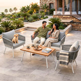 Outdoor Rope Sofa Set with Wooden Top Center Table (Grey)