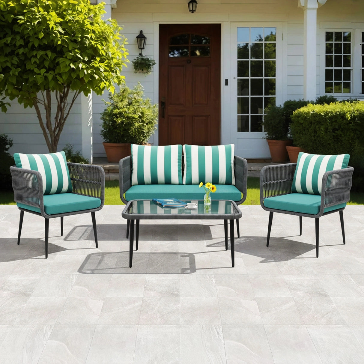Outdoor 4-Seater Rope Conversation Set(Grey & Sky-blue)