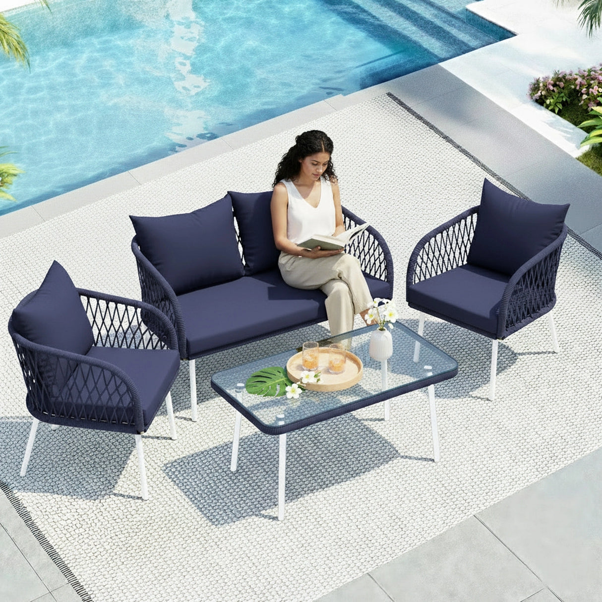 Outdoor Rope 4-Seater Sofa Set with Glass Top Table (Navy-blue & Royal Blue)