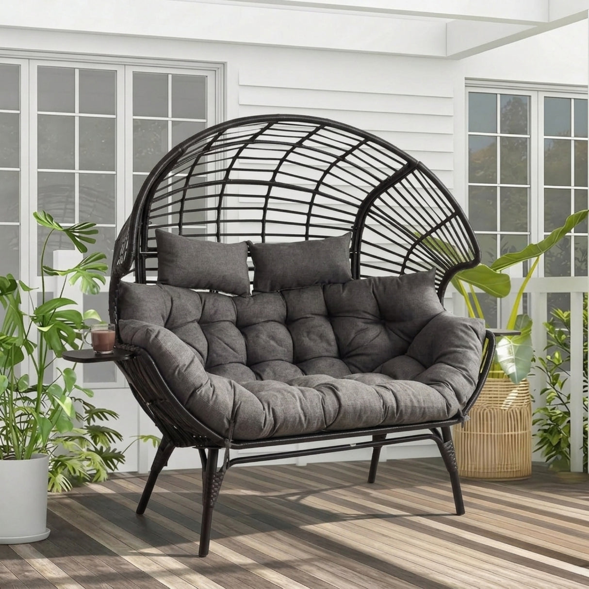 Outdoor Wicker Double Seater Egg Chair with Dual Cup Holders (Black & Dark Grey)