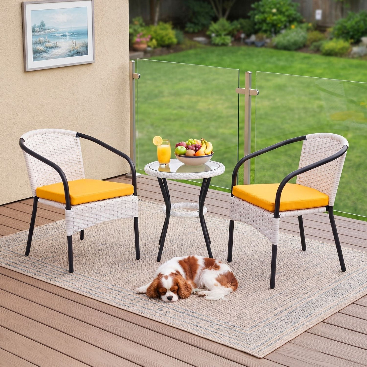 3 Piece Outdoor Wicker Patio Furniture Set (White & Yellow)