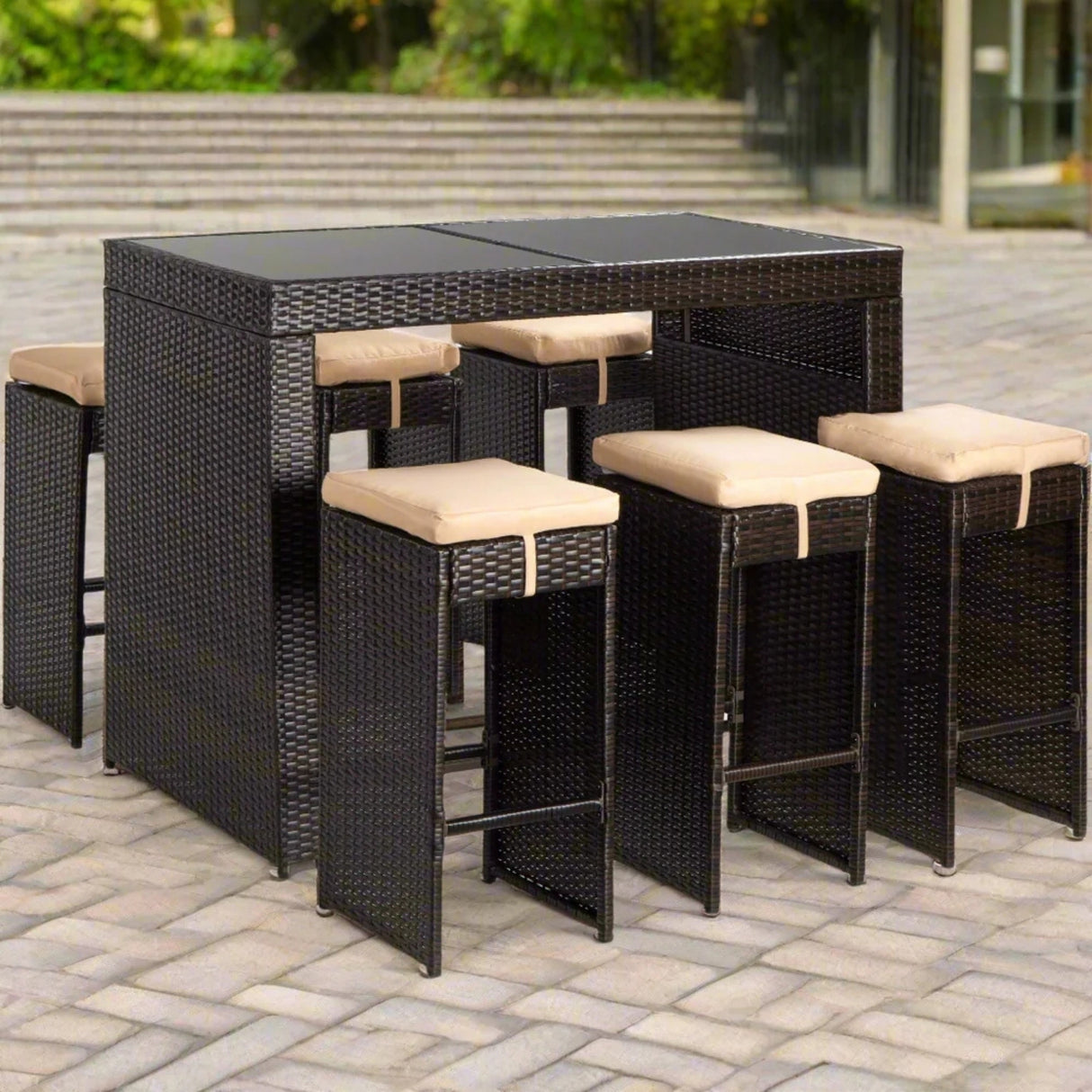 7-Piece Outdoor Rattan Wicker Bar Set with Glass Top Table