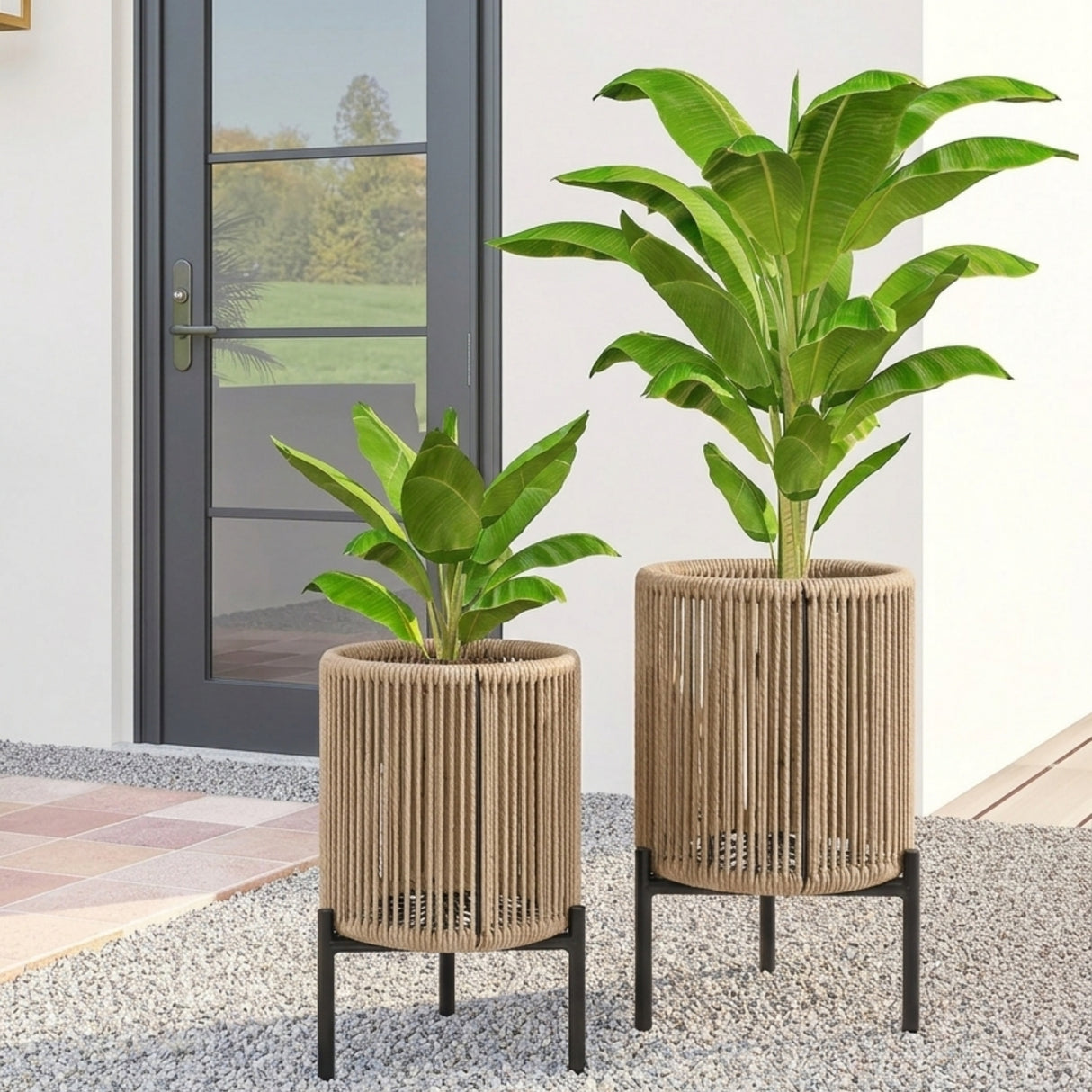 Outdoor Rope Set of 2 Planter with Metal Stand (Beige)