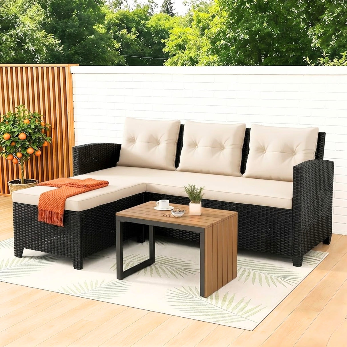 Outdoor Wicker L-Shape Sofa Set with Ottoman & Convertible Wooden Coffee Table