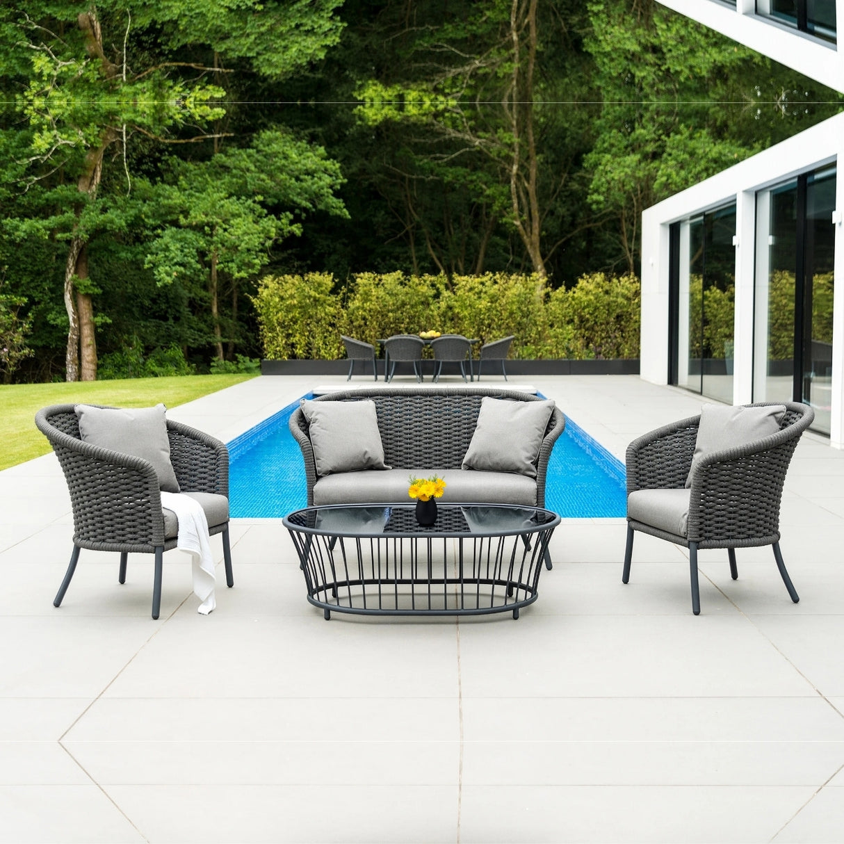 Outdoor Grey Rope 4 Piece Patio Sofa Set with Light Grey Cushions