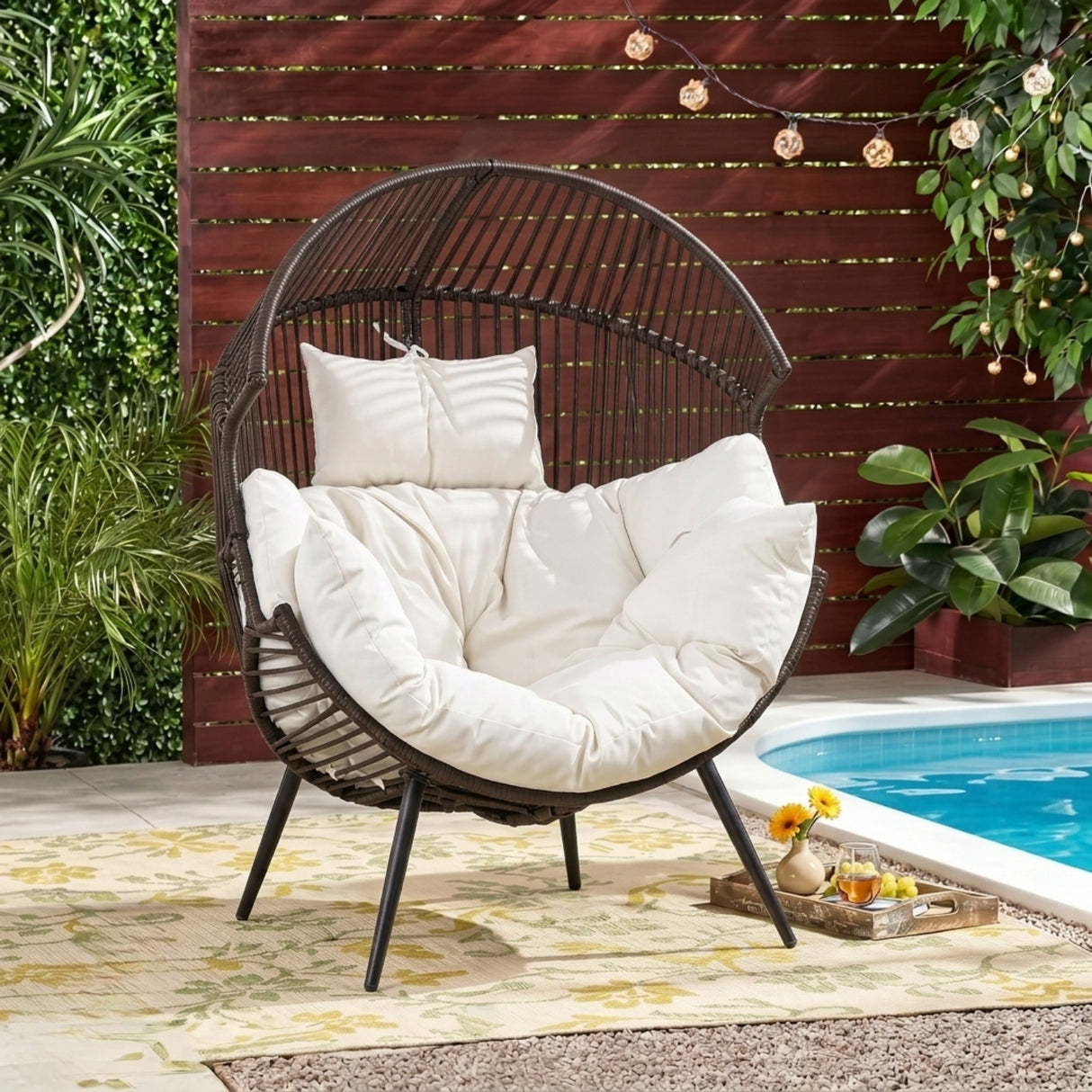 Outdoor Wicker Egg Chair with Plush Cushions (Dark Brown& Off-White)