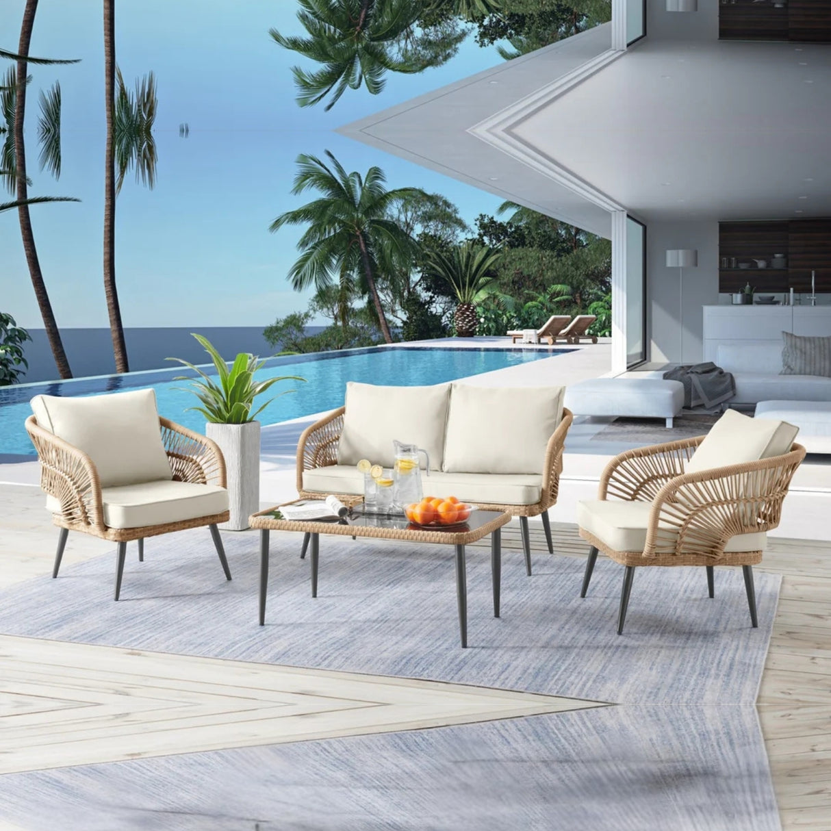 Outdoor Rope 4-Piece Patio Sofa Set with Glass Top Table (Beige/Cream)