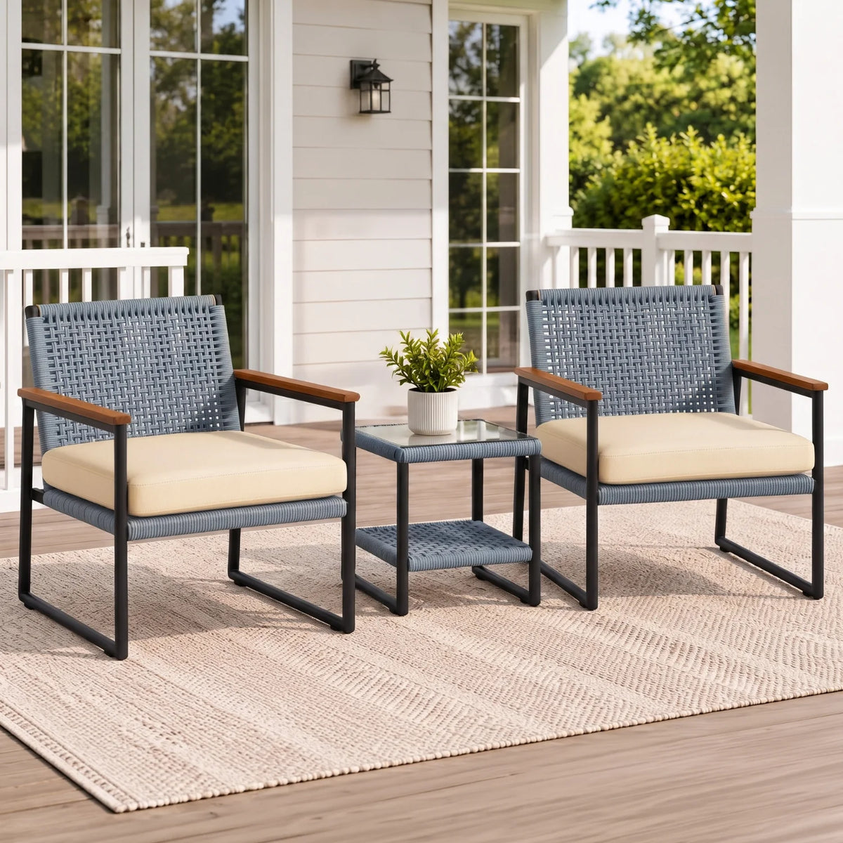 Outdoor 3-Piece Wicker Patio Set(Silver & Cream)