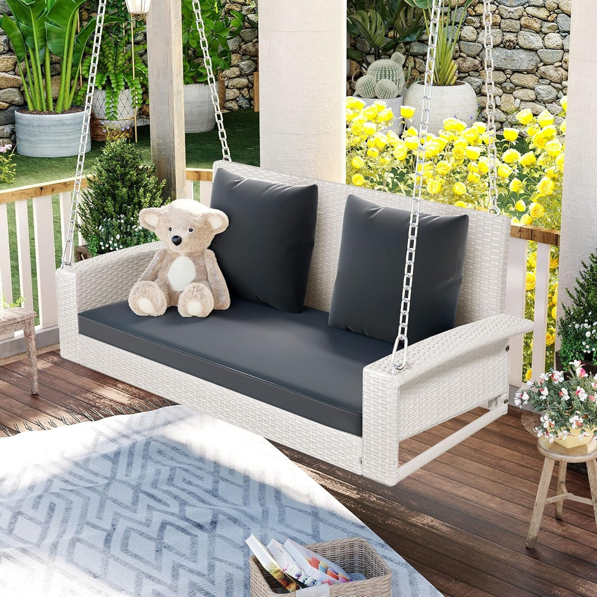 White Rattan Wicker Two Seater Sofa Swing