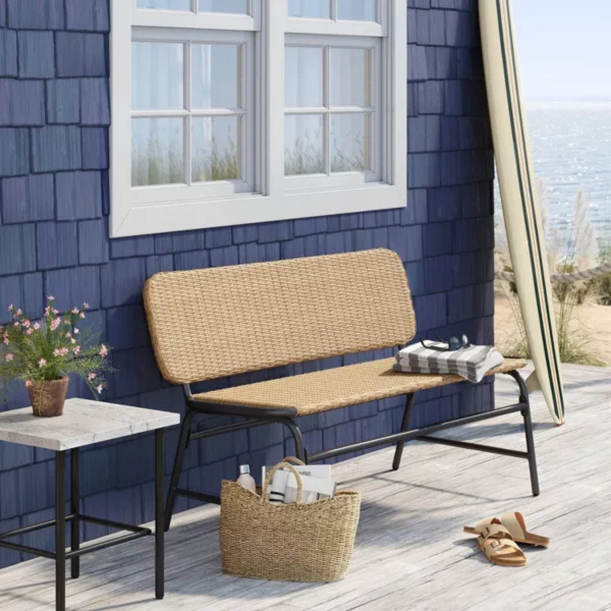 2-Seater Outdoor Garden Rattan Bench With Metal Frames