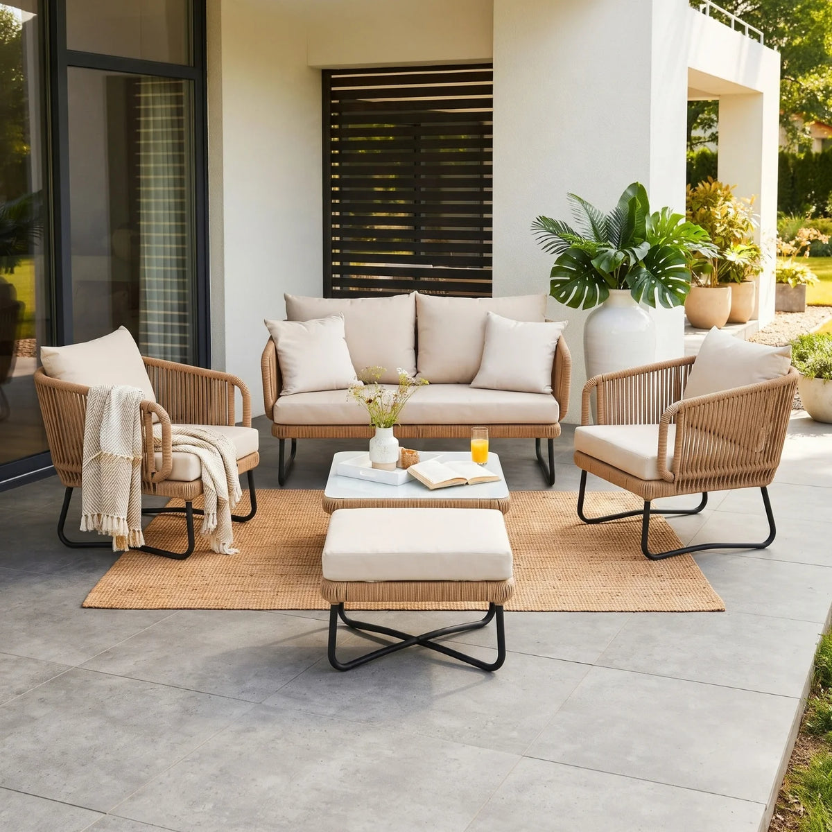 Outdoor 5pcs All-Weather Rope Sofa Set with Cushions (Beige & White)