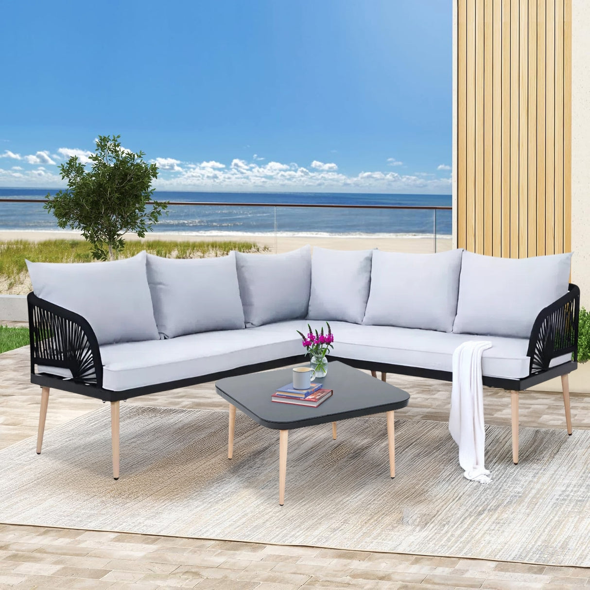 L-Shape 5 Seater Outdoor Patio Rope Conversation Set with Table