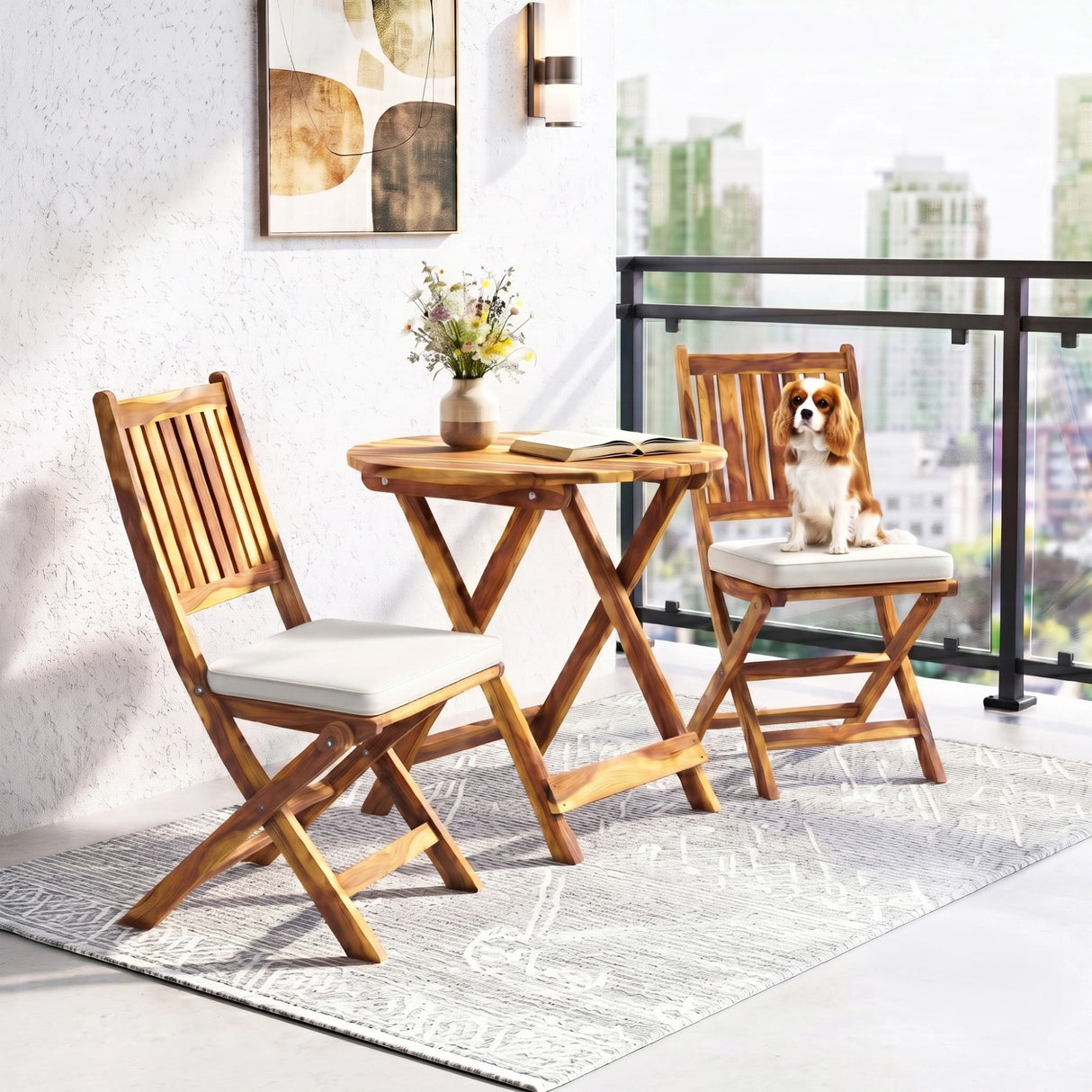 Acacia Wood Foldable Outdoor Bistro Set – 2 Chairs & Round Table