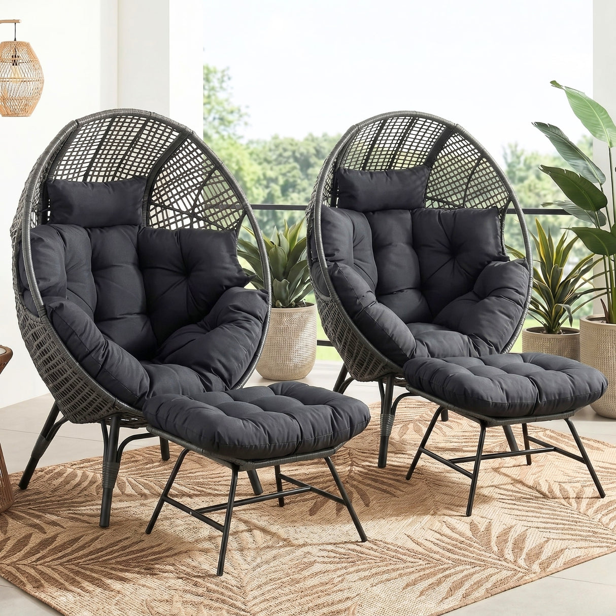 4-Piece Outdoor Wicker Egg Chair Set with Ottomans (Black & Dark Grey)
