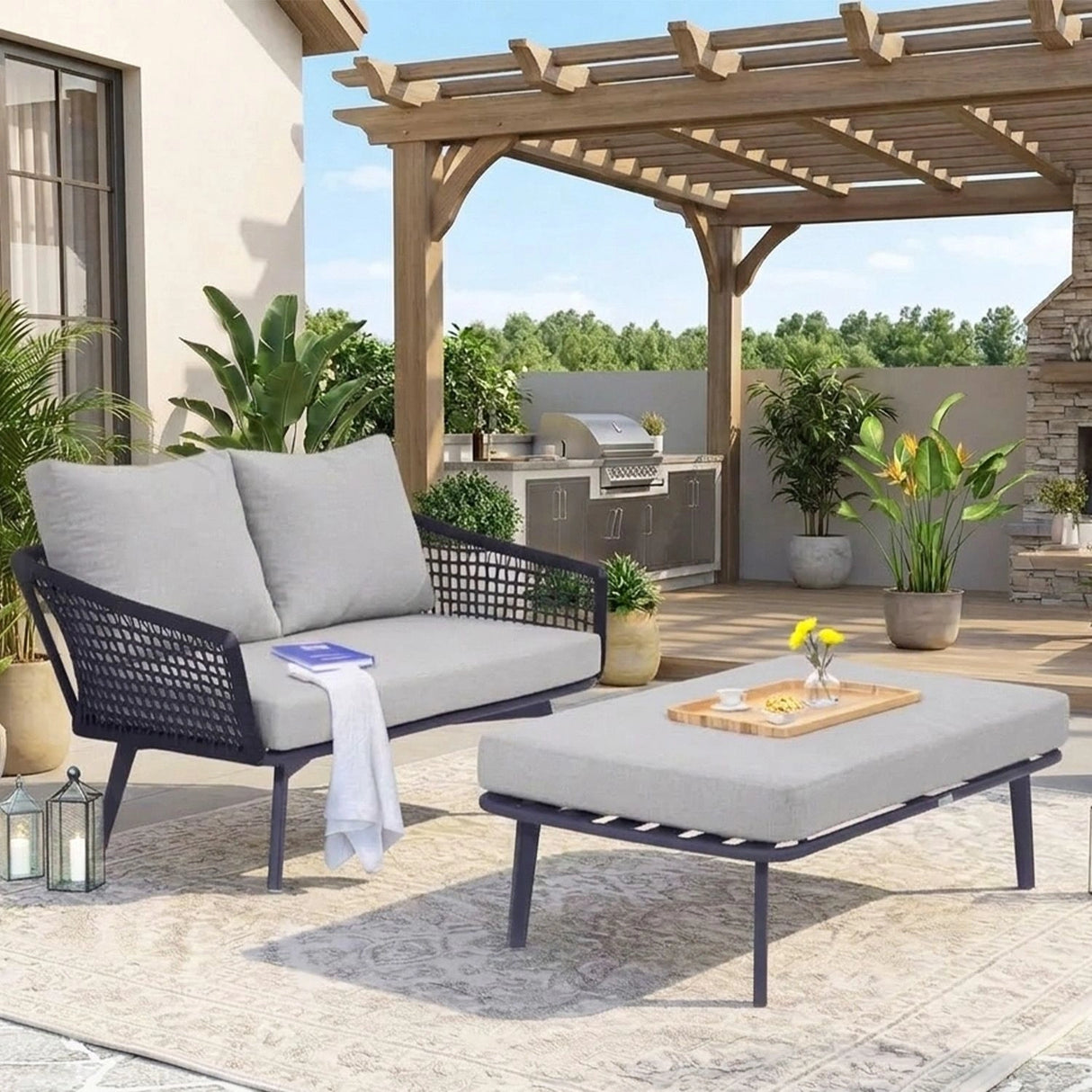 2-Piece Outdoor Rope Loveseat Sofa With Ottoman