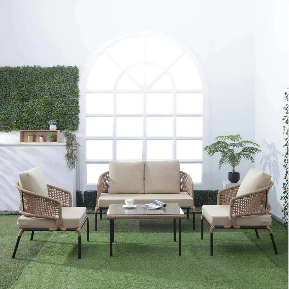 All-Weather Patio Rope Sofa Set with Glass Top Coffee Table