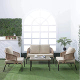 All-Weather Patio Rope Sofa Set with Glass Top Coffee Table