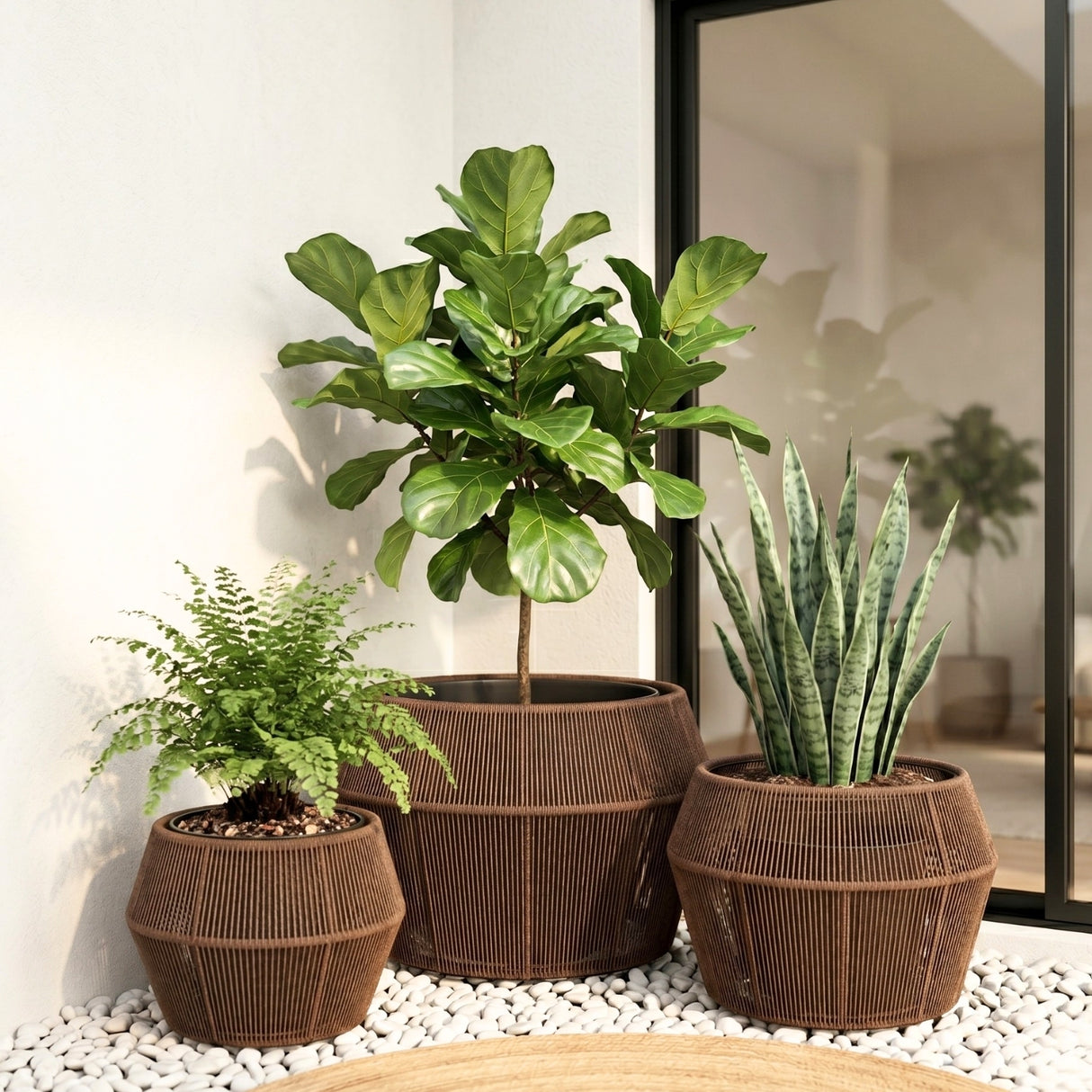 Outdoor 3-Piece Round Rope Planters (Brown)