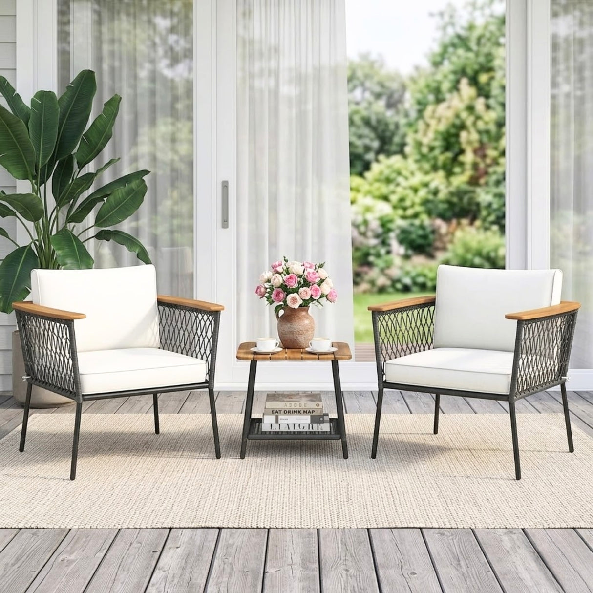 Modern Outdoor Wicker Patio Chair Set with 2-Tier Wooden Top Table