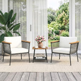 Modern Outdoor Wicker Patio Chair Set with 2-Tier Wooden Top Table
